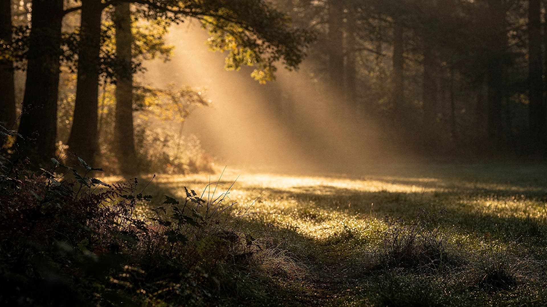 Nebelwald mit Lichtstrahlen bei Sonnenaufgang – Atem, Ruhe, Erdung (KI-generiert)